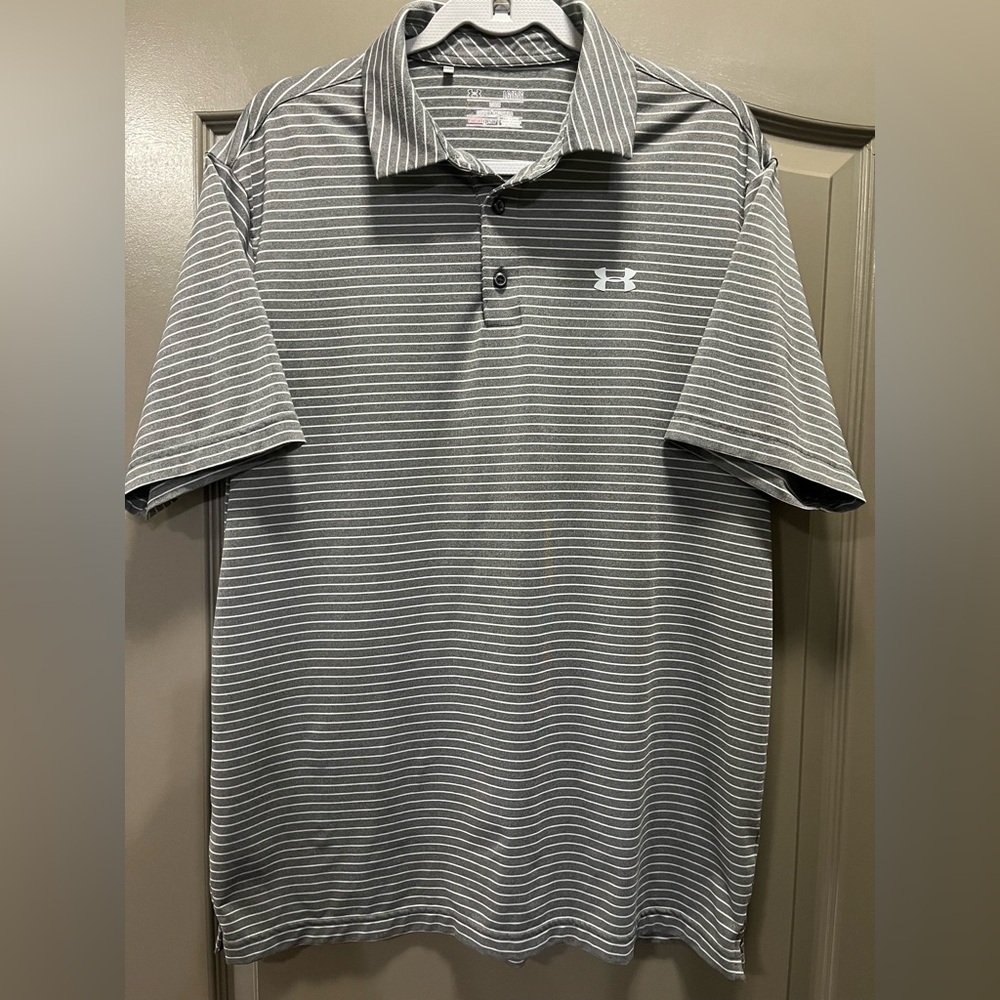 Under Armour Men's Polo Shirt in Gray and White Stripes Size L